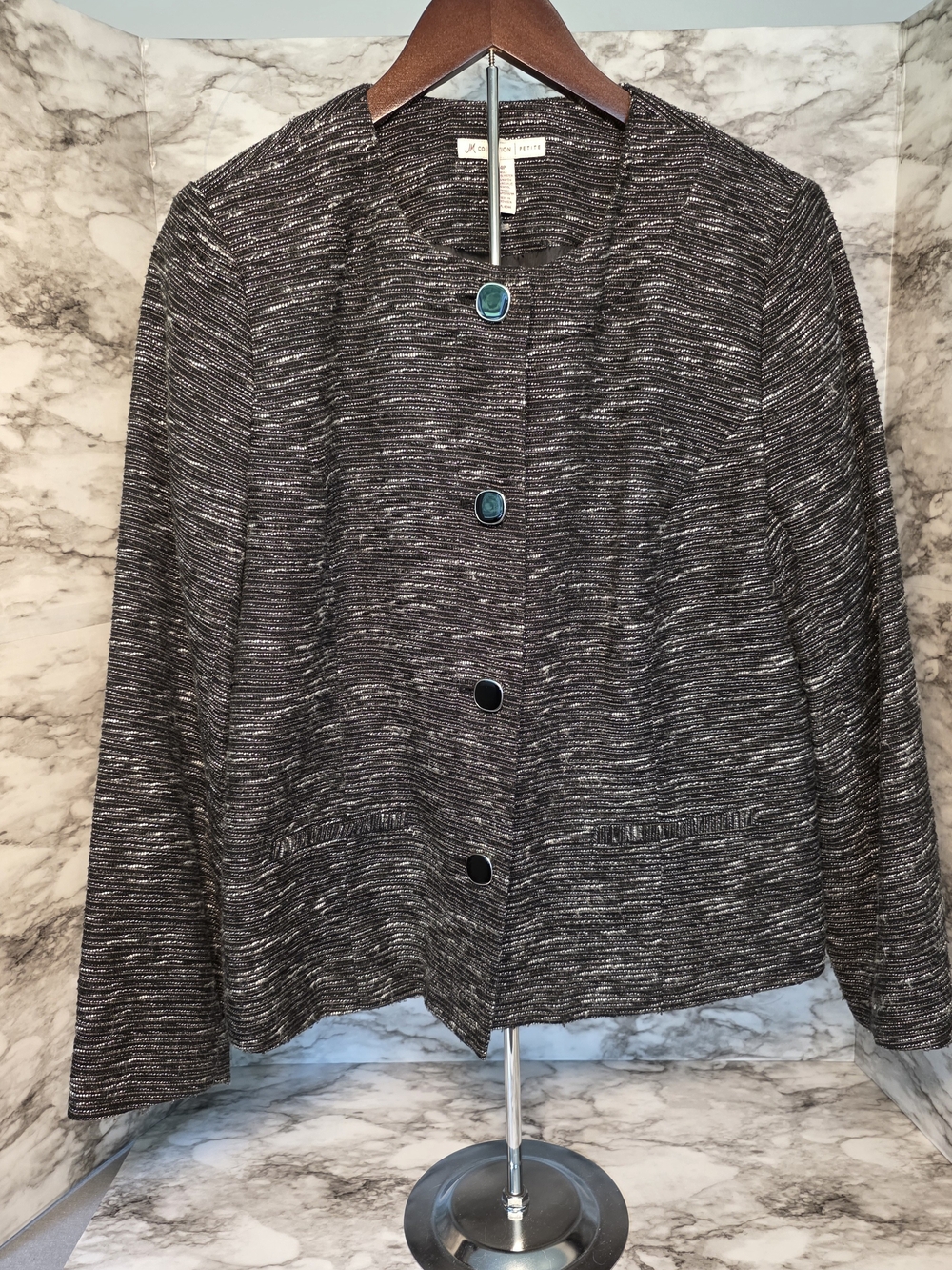 JM Collection Blazer Jacket Womens Size 14P Marled Black Wool Blend w/ Lining